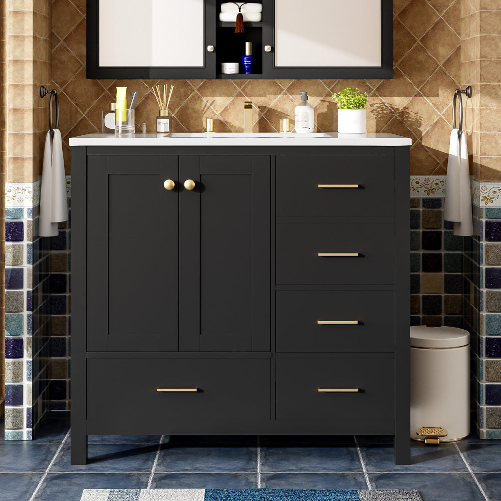 Chic Crate-36In Bathroom Vanity – Ceramic Sink w/4 Drawers & Soft-Close Doors | Solid Wood Frame | Freestanding | Black