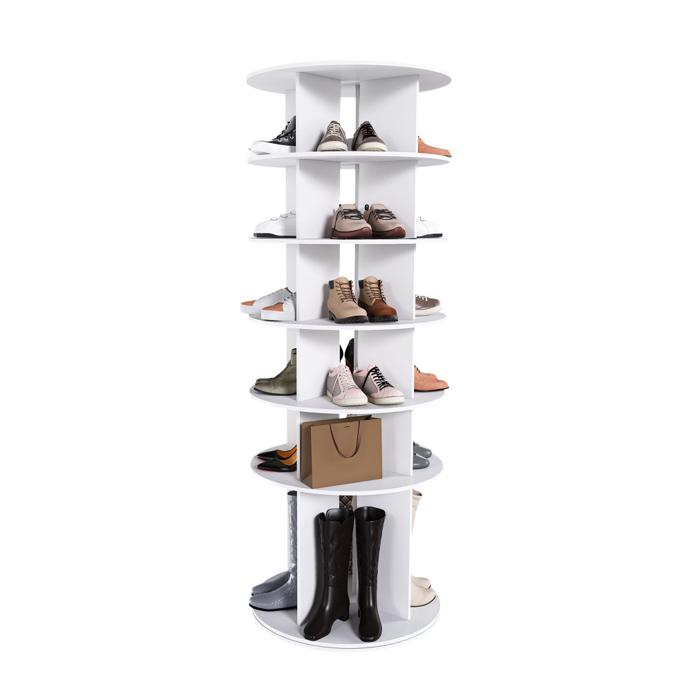 Chic Crate 6-Tier Rotating Shoe Rack Tower, 360° Revolving Free Standing Organizer, Holds 24 Pairs – White