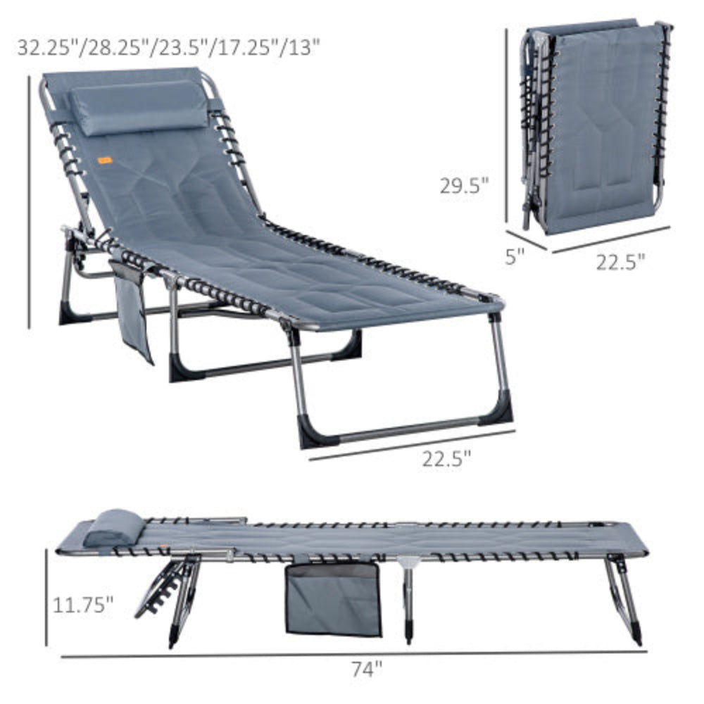 Padded Folding Chaise Lounge Chair, Reclining Outdoor Tanning Chair with Headrest, for Beach, Yard, Patio & Pool, Gray