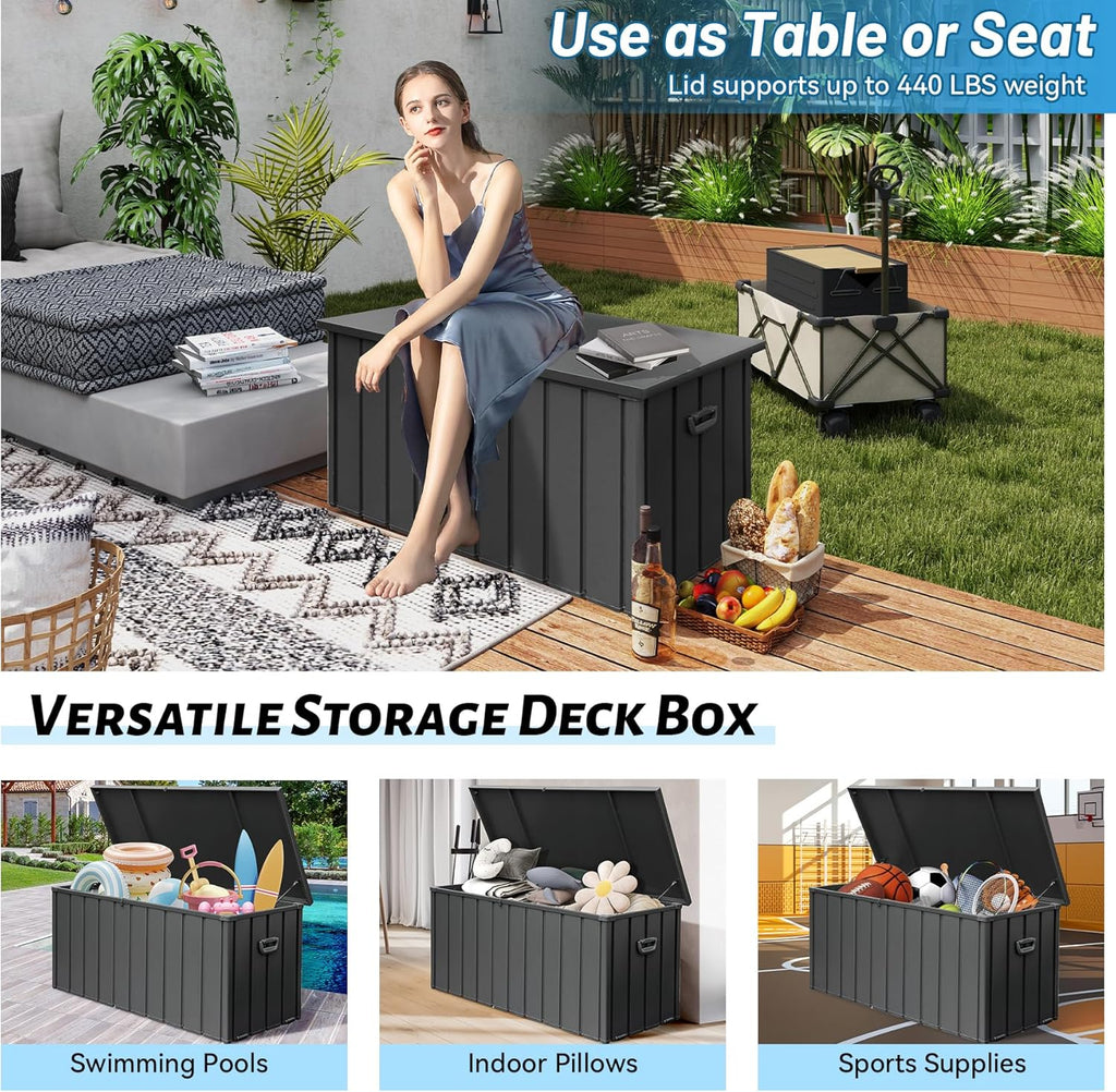 120 Gallon Patio Steel Storage Deck Box, Waterproof Lockable Bin for Cushions, Pillows & Tools