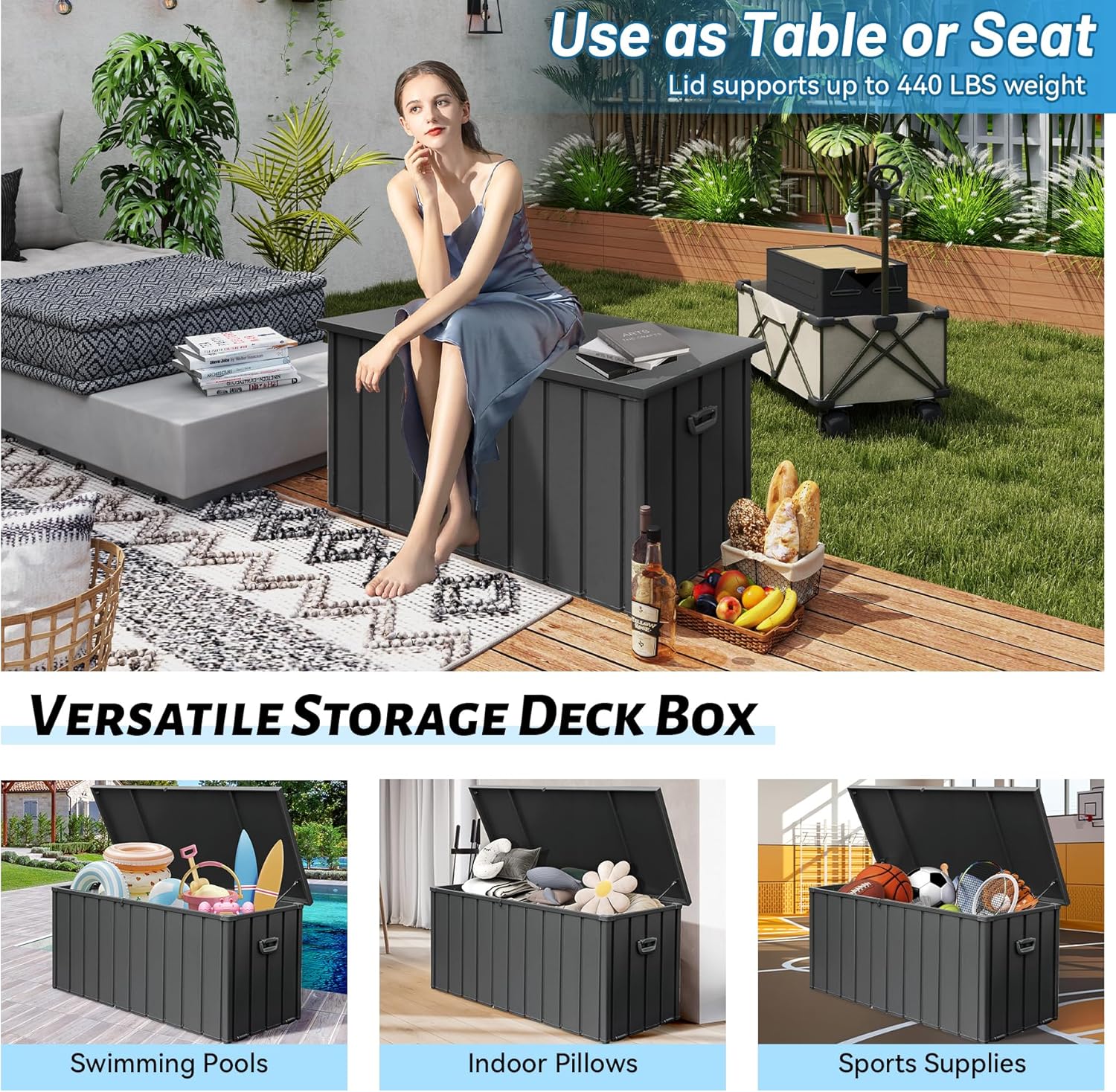 120 Gallon Patio Steel Storage Deck Box, Waterproof Lockable Bin for Cushions, Pillows & Tools
