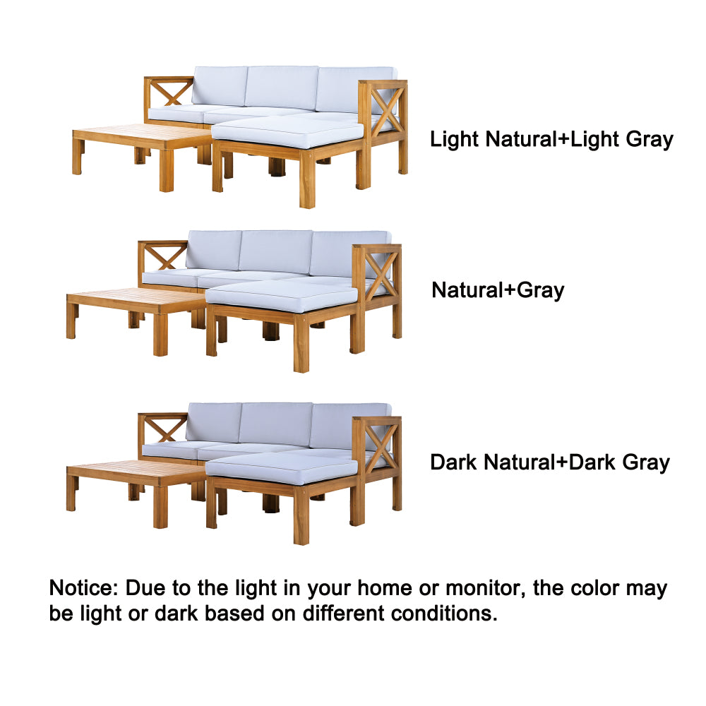 Chic Crate-5-Piece Wood Outdoor Patio Sectional Sofa Set with Water-Resistant Gray Cushions for Backyard, Porch, Deck - Natural Finish