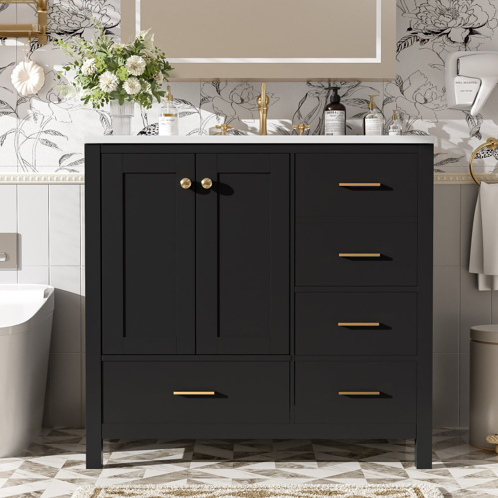 Chic Crate-36In Bathroom Vanity – Ceramic Sink w/4 Drawers & Soft-Close Doors | Solid Wood Frame | Freestanding | Black