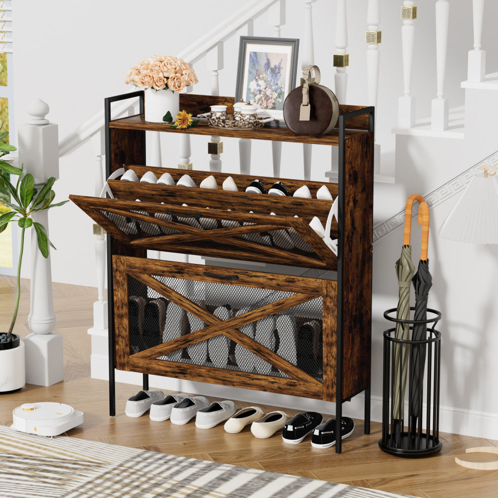 Chic Crate-2-Drawer Flip-Top Shoe Cabinet – Narrow | Entryway | Metal Legs | Rustic Brown | 31.5inx8.5inx39.5in