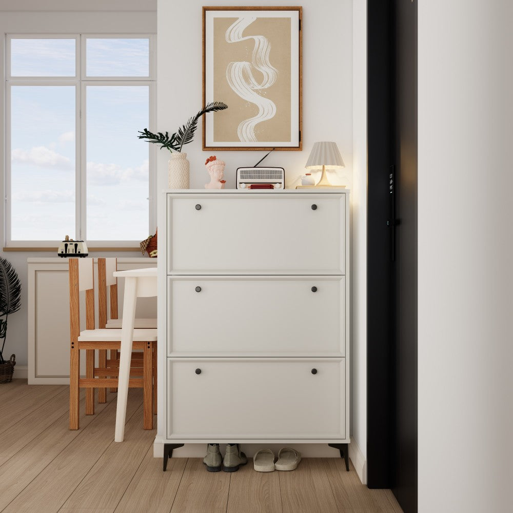 Chic Crate-Modern White Shoe Cabinet – 3 Flip-Drawer | Entrance/Narrow | Hidden Design | Independent Legs