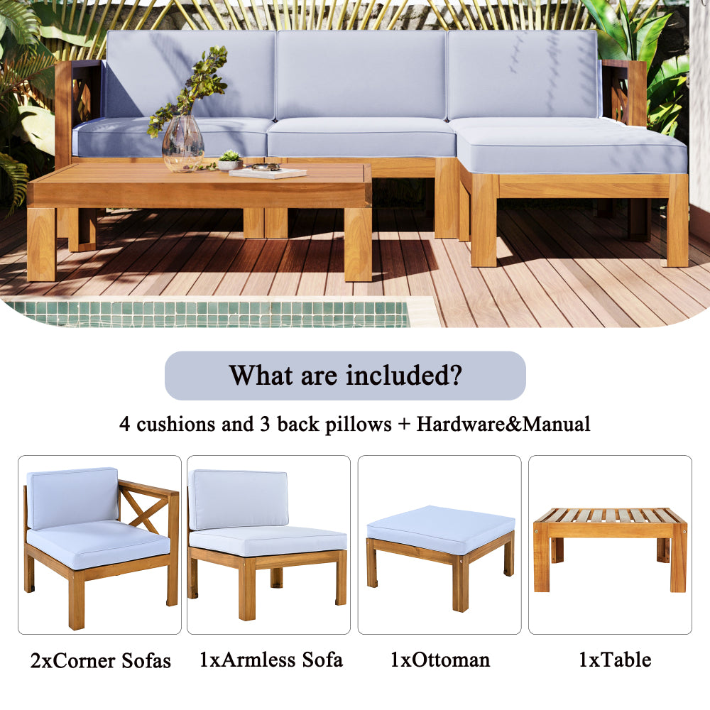 Chic Crate-5-Piece Wood Outdoor Patio Sectional Sofa Set with Water-Resistant Gray Cushions for Backyard, Porch, Deck - Natural Finish
