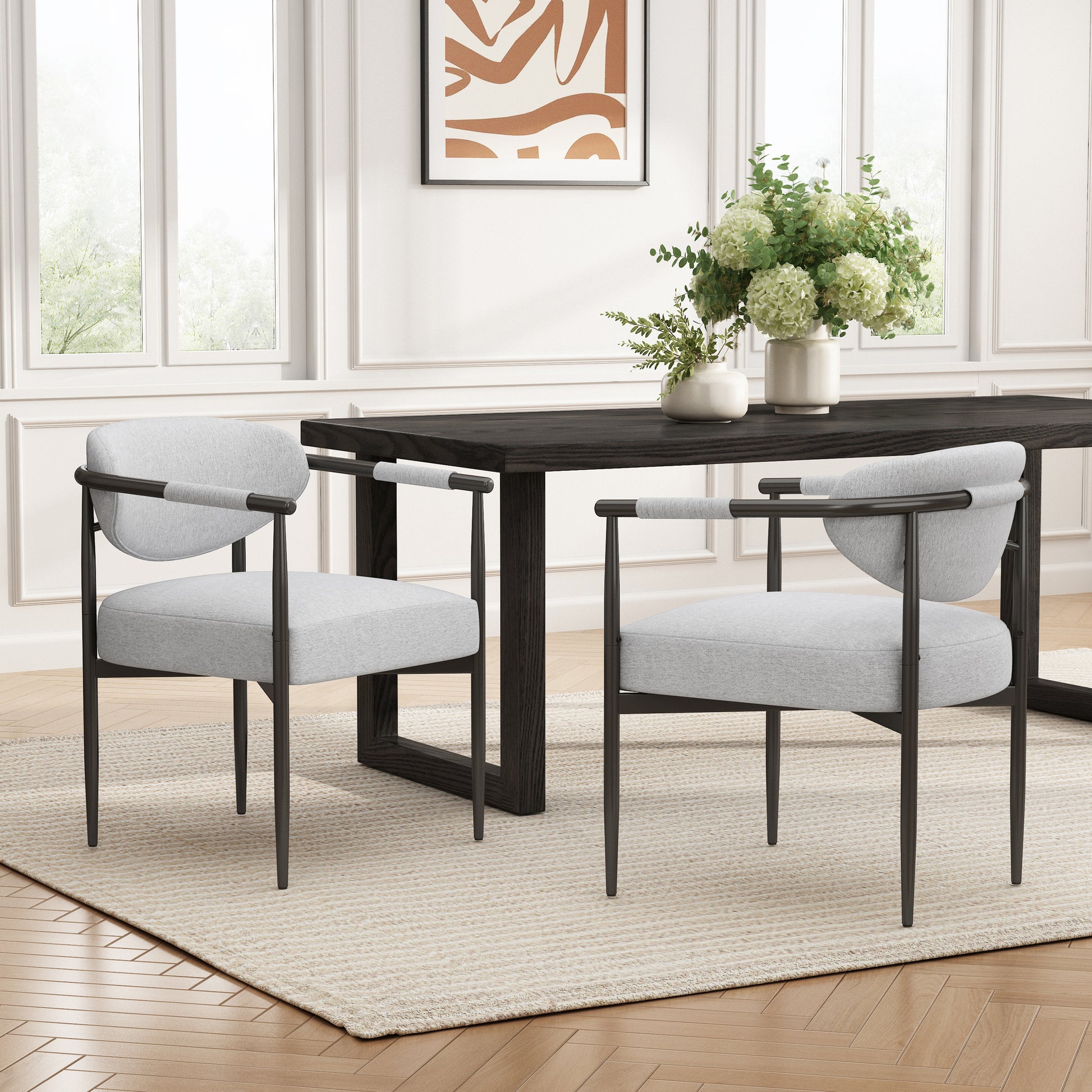 Modern Dining Armchairs with Thick Padded Cushion & Bronze Iron Legs (Set of 2)