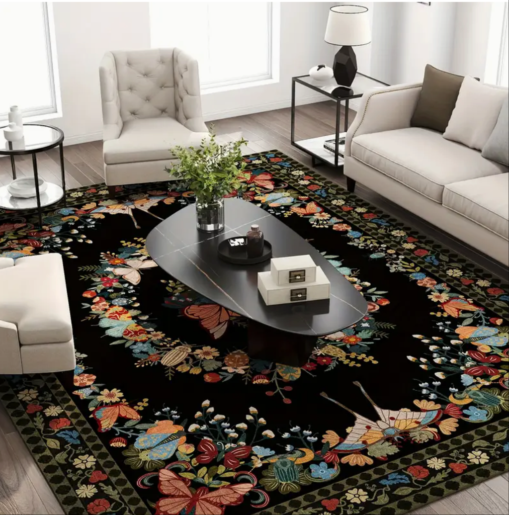 Black Butterfly Floral Washable Area Rug, Low Pile Non-Slip Indoor Carpet for Living Room & Bedroom