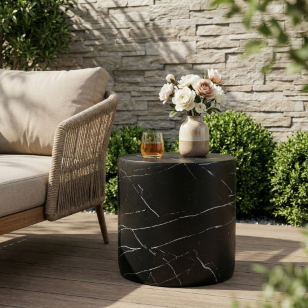 Lightweight Concrete Side Table, Black Marble Finish, Living Room Accent Table for Outdoor & Indoor Use