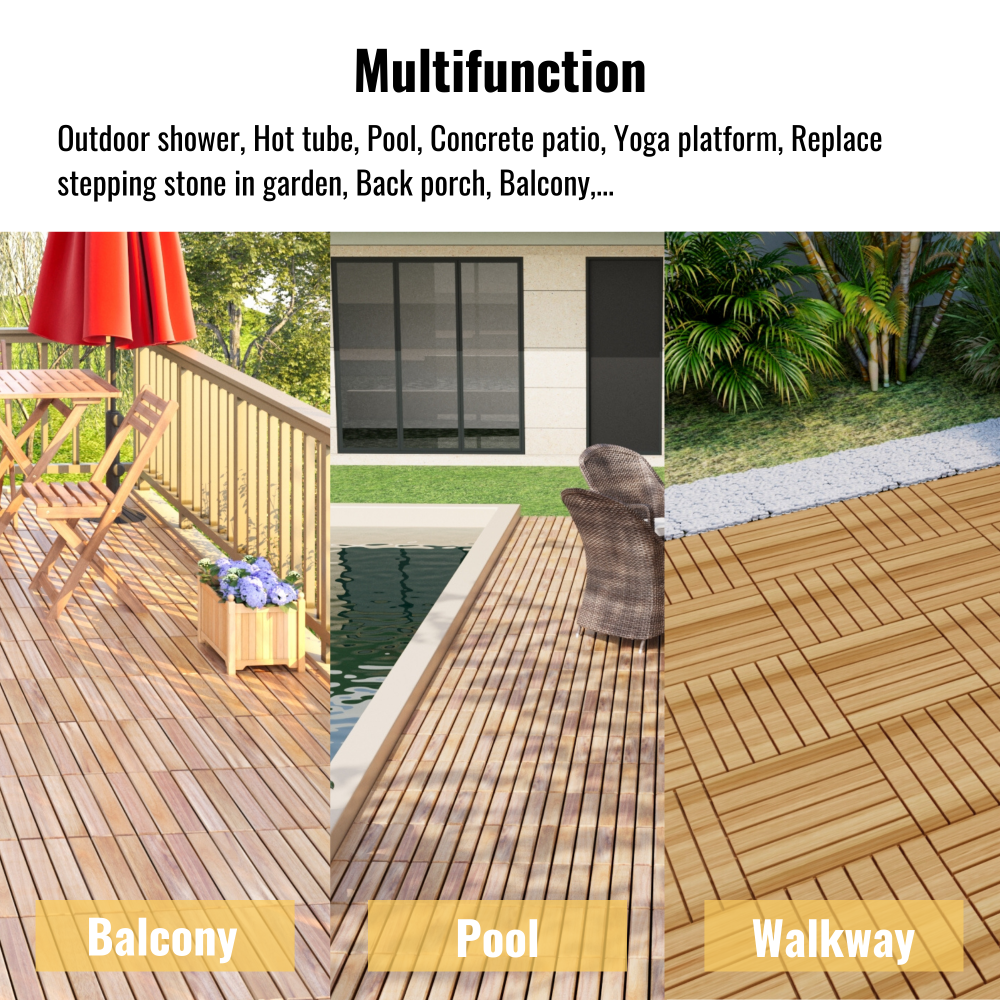 Chic Crate 10Pack 12in Striped Deck Tiles – Interlocking Yellow Acacia Hardwood Flooring