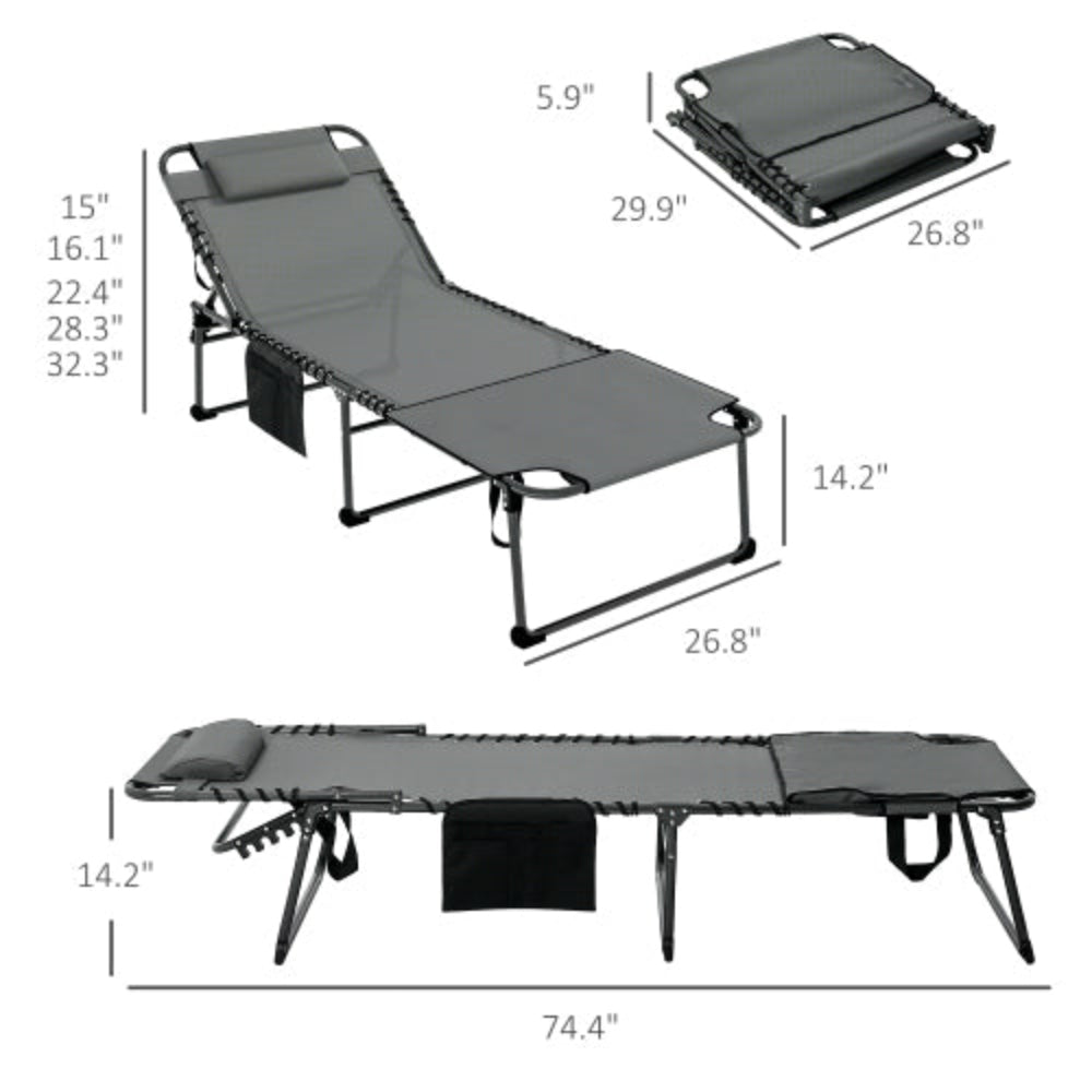 Folding Chaise Lounge, Outdoor Tanning Chair with Reading Face Hole, Side Pocket & Headrest, Beach Yard Patio, Gray