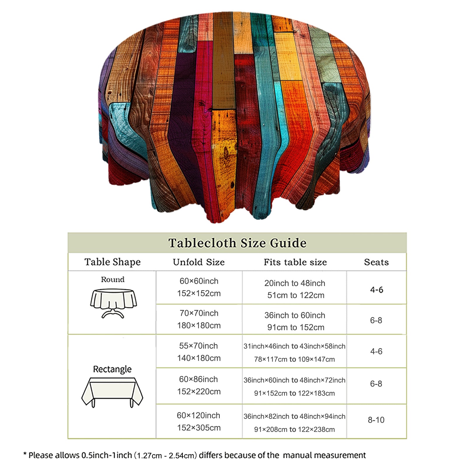 Colorful Wooden Plank Tablecloth, 60 inch round Dustproof Easy-Care Dining Table Cover for Indoor Outdoor Use and Festive Home Decor