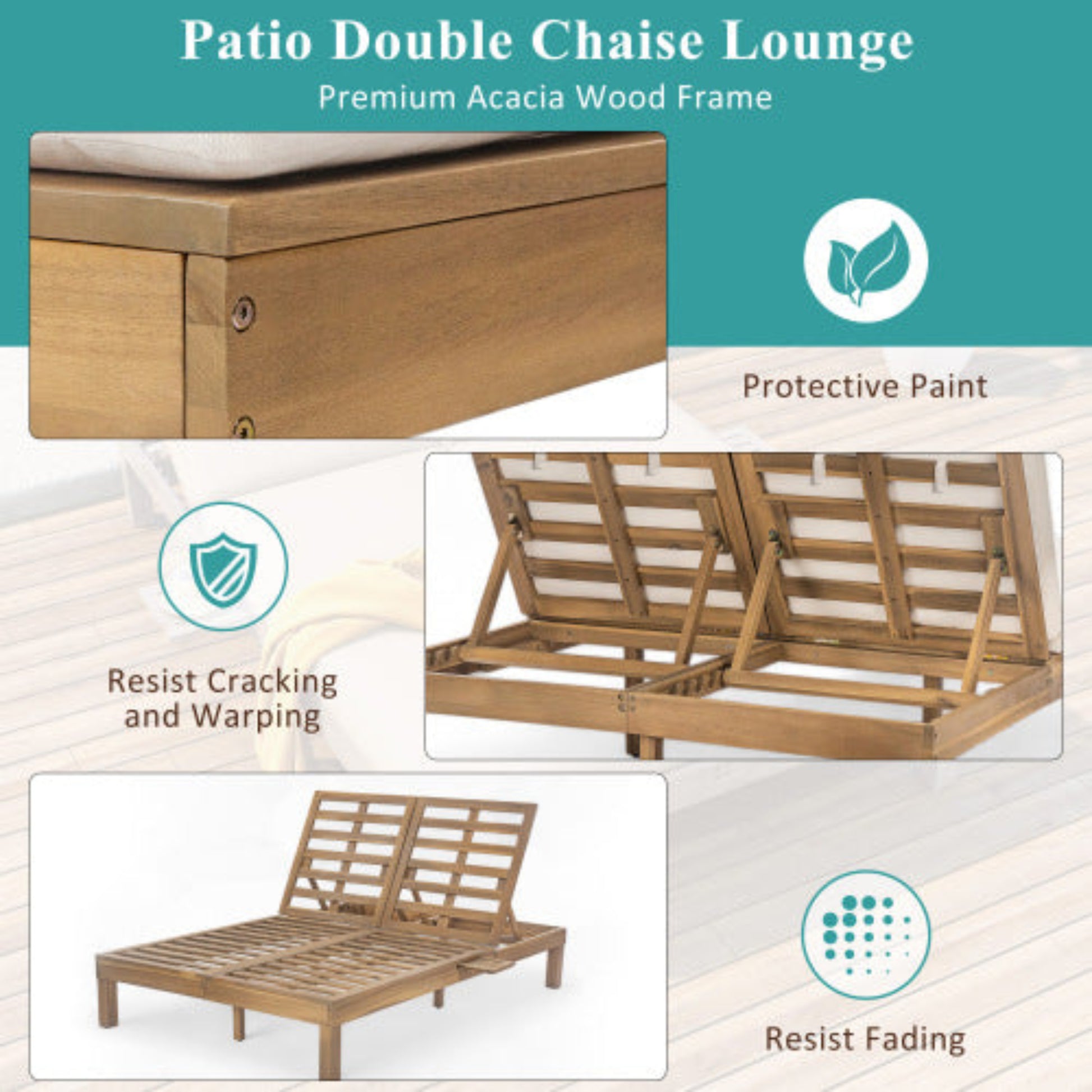 Double Chaise Lounge with Cushion and Folding Side Trays for 2 People Patio and Poolside
