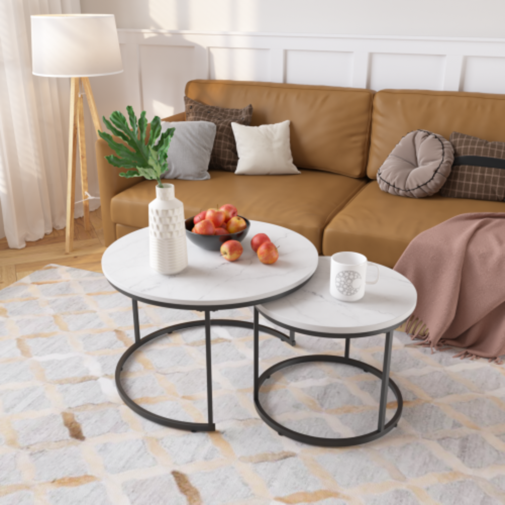 Nesting Coffee Table Set of 2, 27.6" Round Wood Marble Pattern Top, Sturdy Metal Frame, Modern Side End Tables for Home Office - White