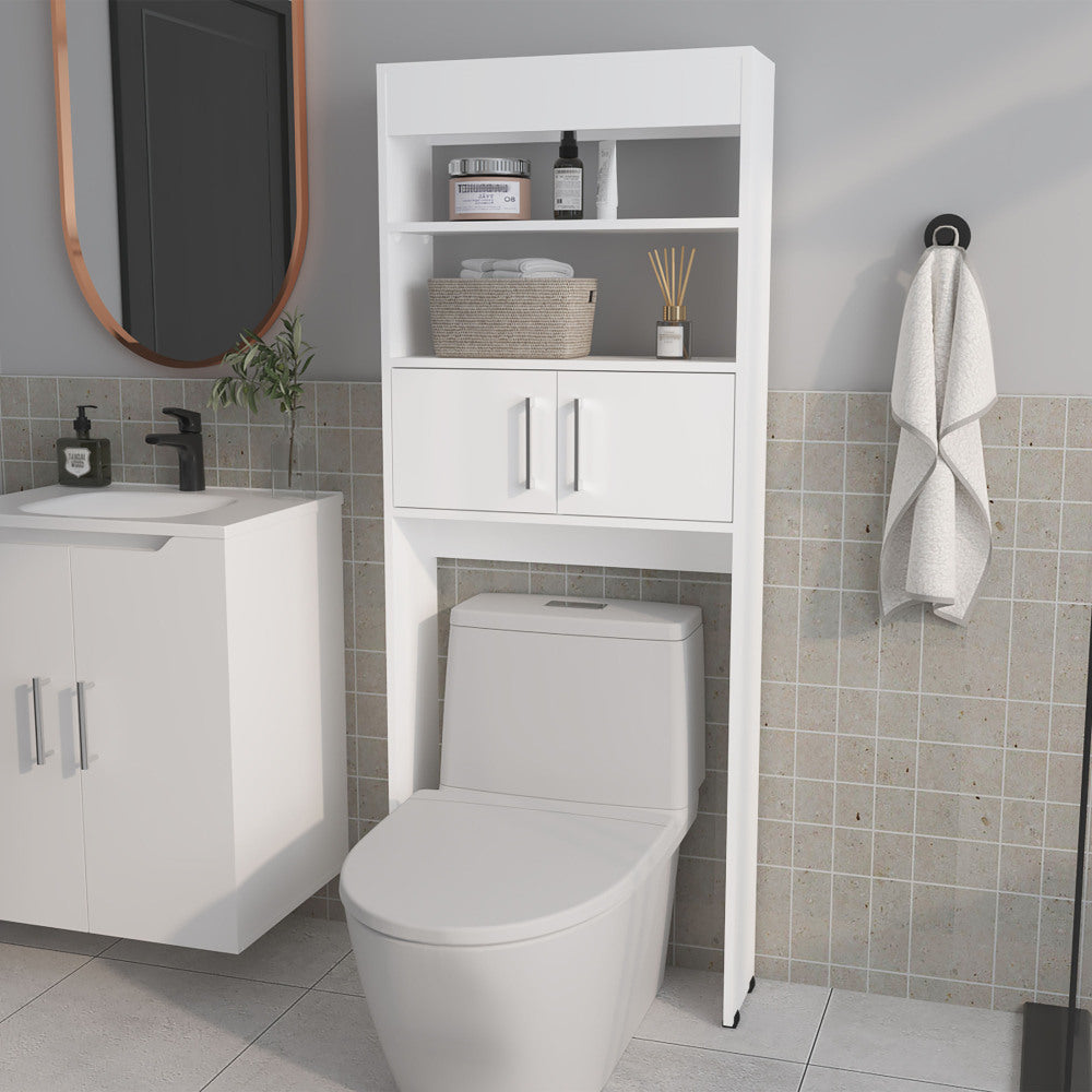 Chic Crate-Over-the-Toilet 2-Door Bathroom Cabinet – White Shelf Storage | Space-Saving Design