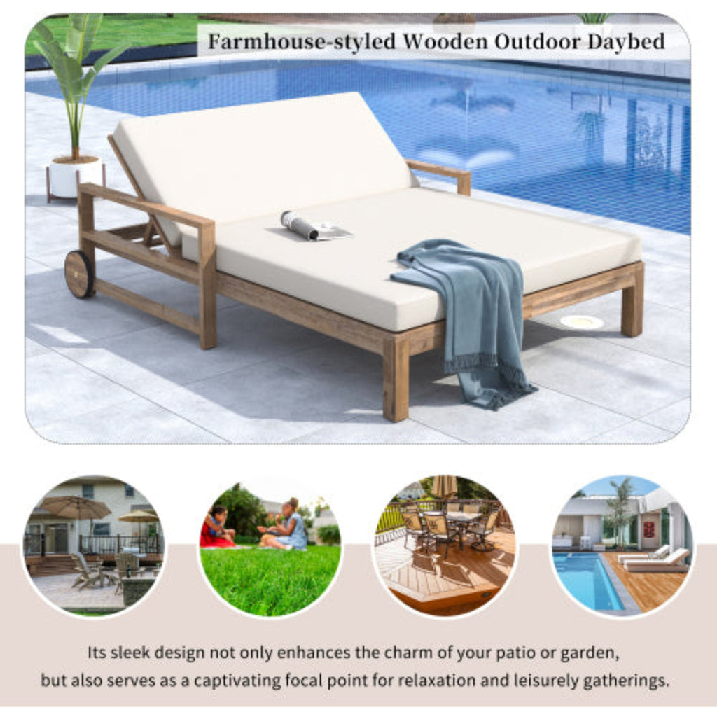 Farmhouse Wooden Outdoor Sunbed Daybed Seating 2 People for Poolside Garden and Yard