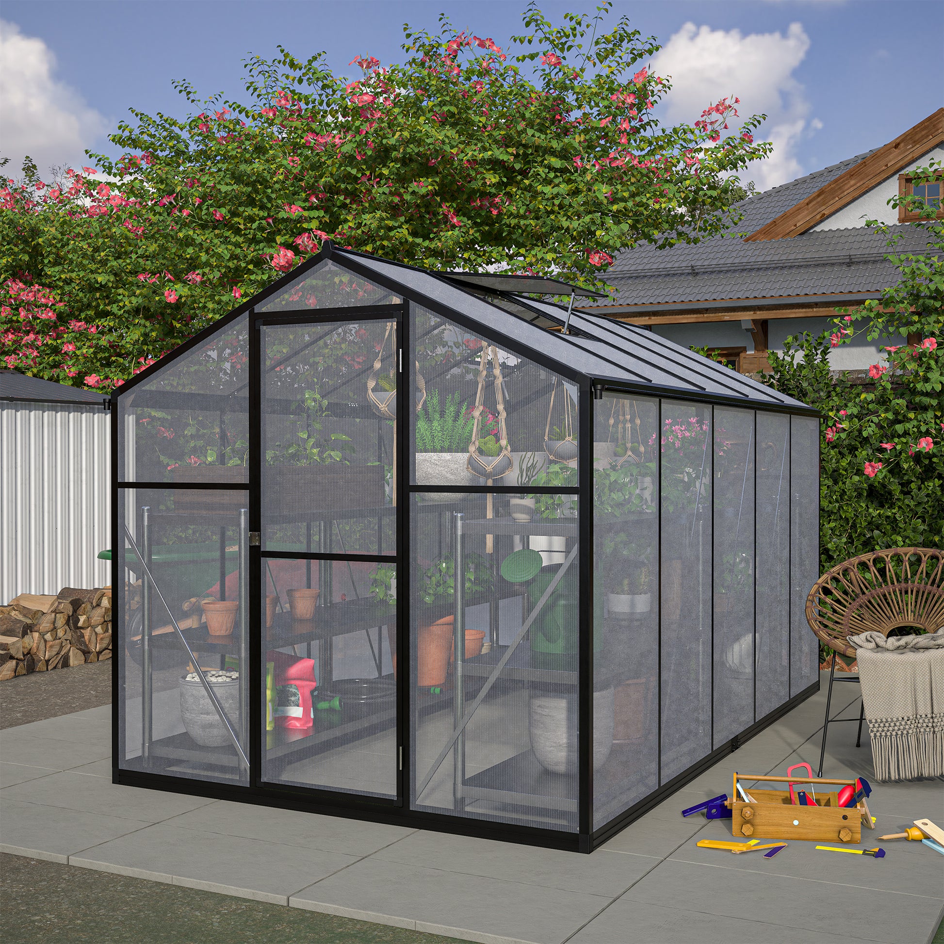 Outdoor Polycarbonate Greenhouse with Roof Vent, Quick-Setup Aluminum Walk-in for Garden Backyard
