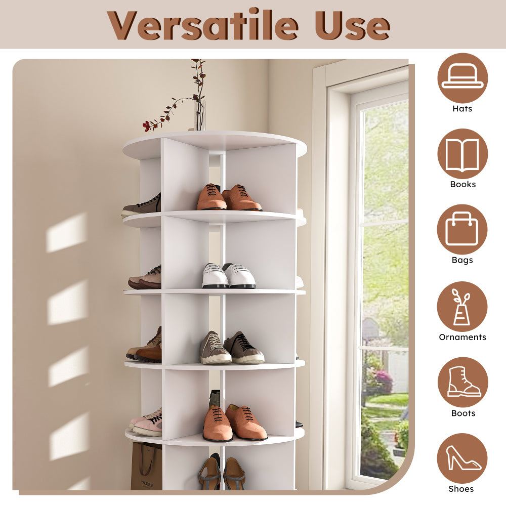 Chic Crate 6-Tier Rotating Shoe Rack Tower, 360° Revolving Free Standing Organizer, Holds 24 Pairs – White