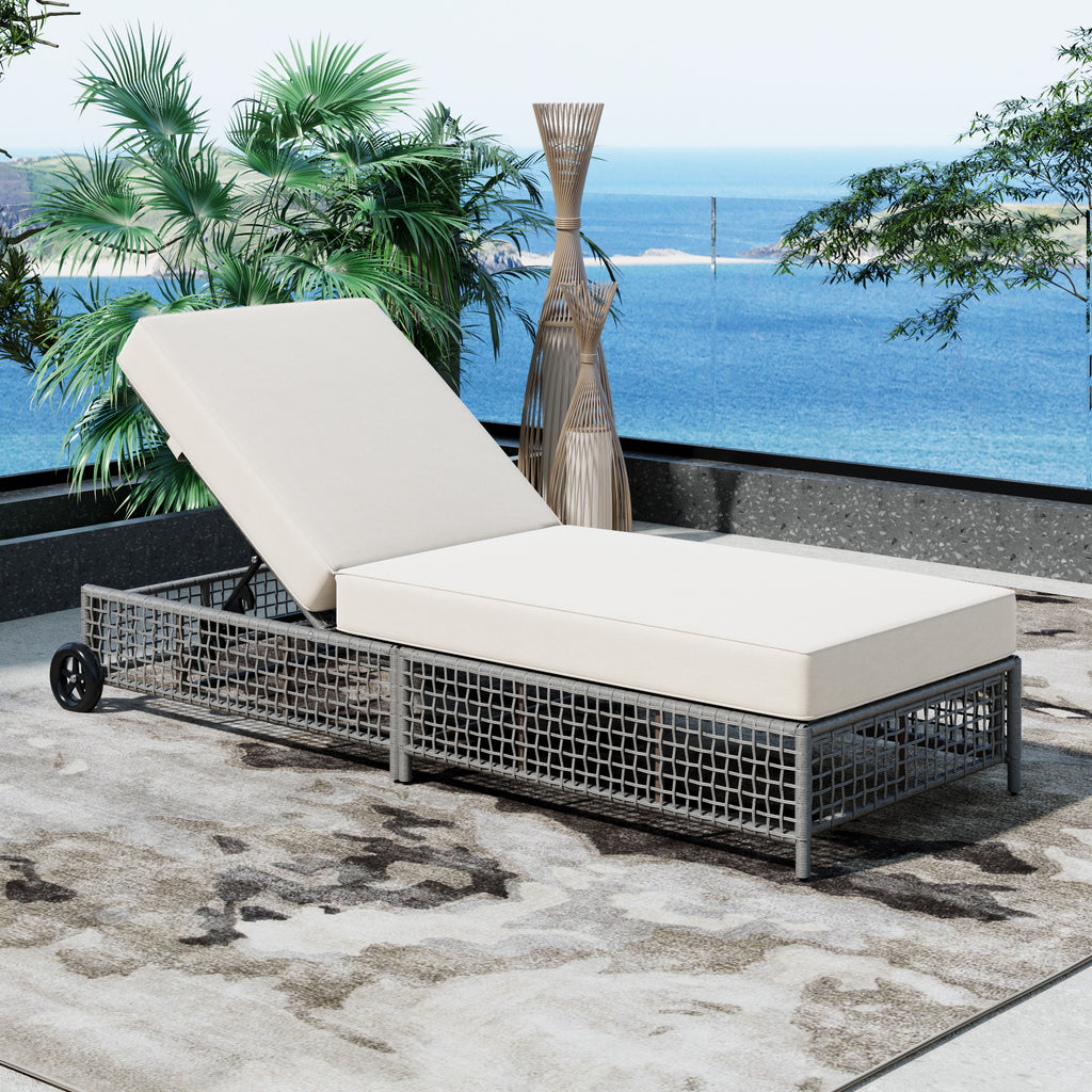 Outdoor Lounge Chair Set of 2, Patio Chaise Lounge with 5-Position Backrest, Rattan Outdoor Lounge Chair with Cushion and Wheels for Poolside, Backyard, Garden