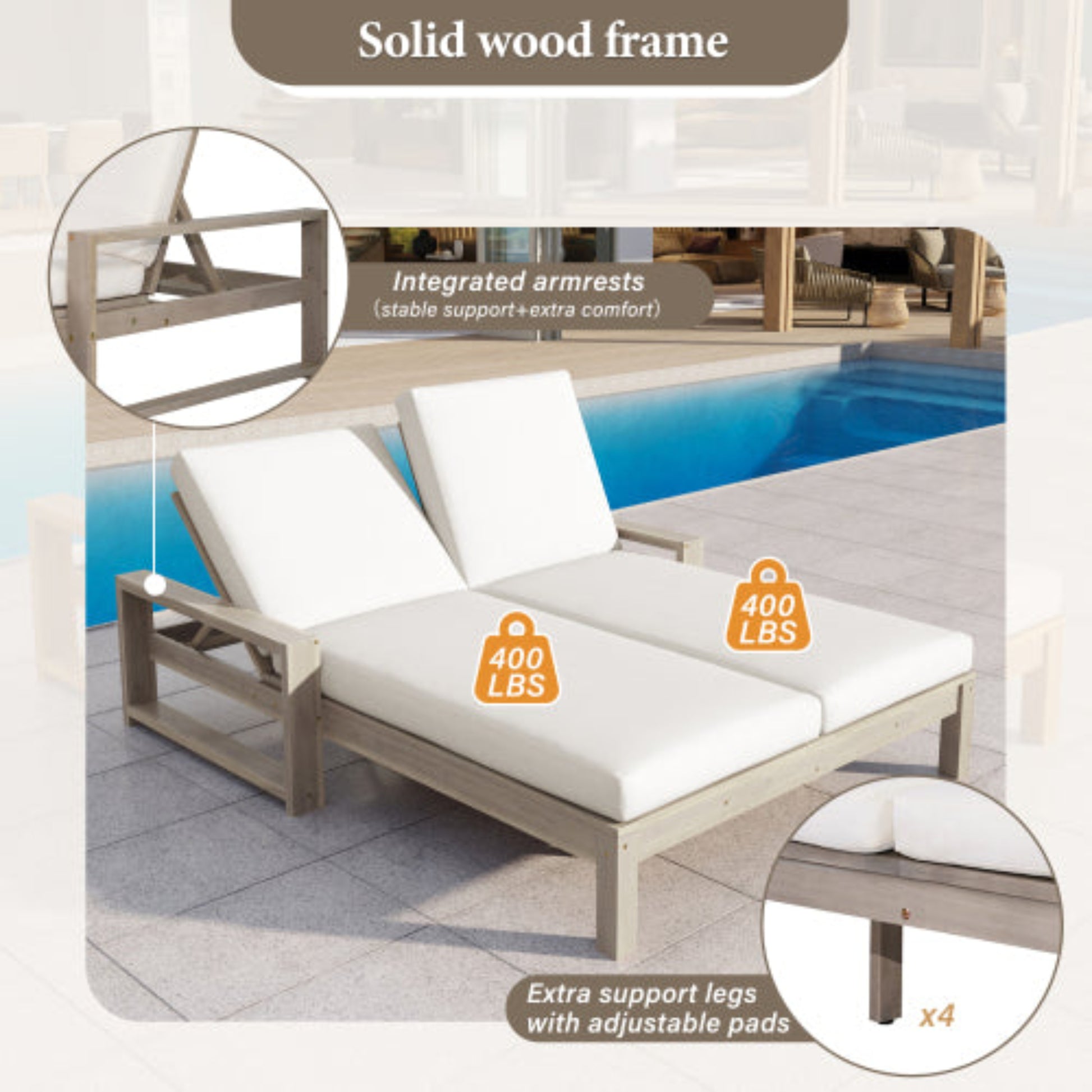 Outdoor Double Lounge Chair with Adjustable Backrest and Cushions for Patio Poolside and Garden
