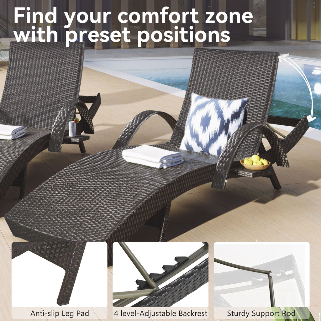 80'' Outdoor Wicker Chaise Lounge Chairs Set of 2, Patio Rattan Reclining Chair Pull-out Side Table Adjustable Backrest Ergonomic Wave Design Pool Sunbathing Recliners, Dark Brown