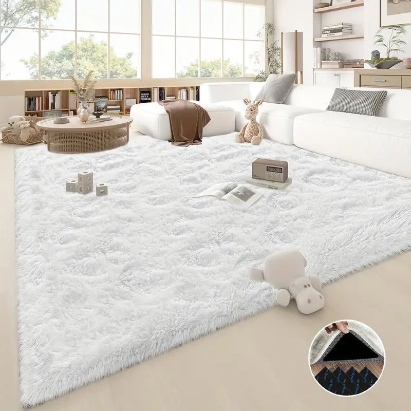 White Shaggy Area Rug with 4 Reusable Stickers, Super Soft Fluffy Non-Slip Carpet for Living Room