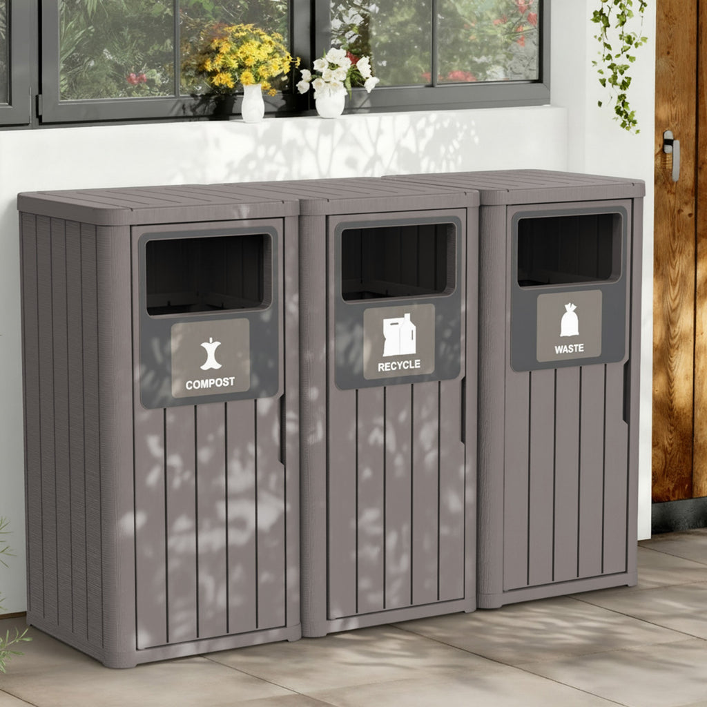 63 Gallon Outdoor Trash Bin, Resin Manual Lift Garbage & Recycling Storage Deck Box with Lid Triple-Bucket