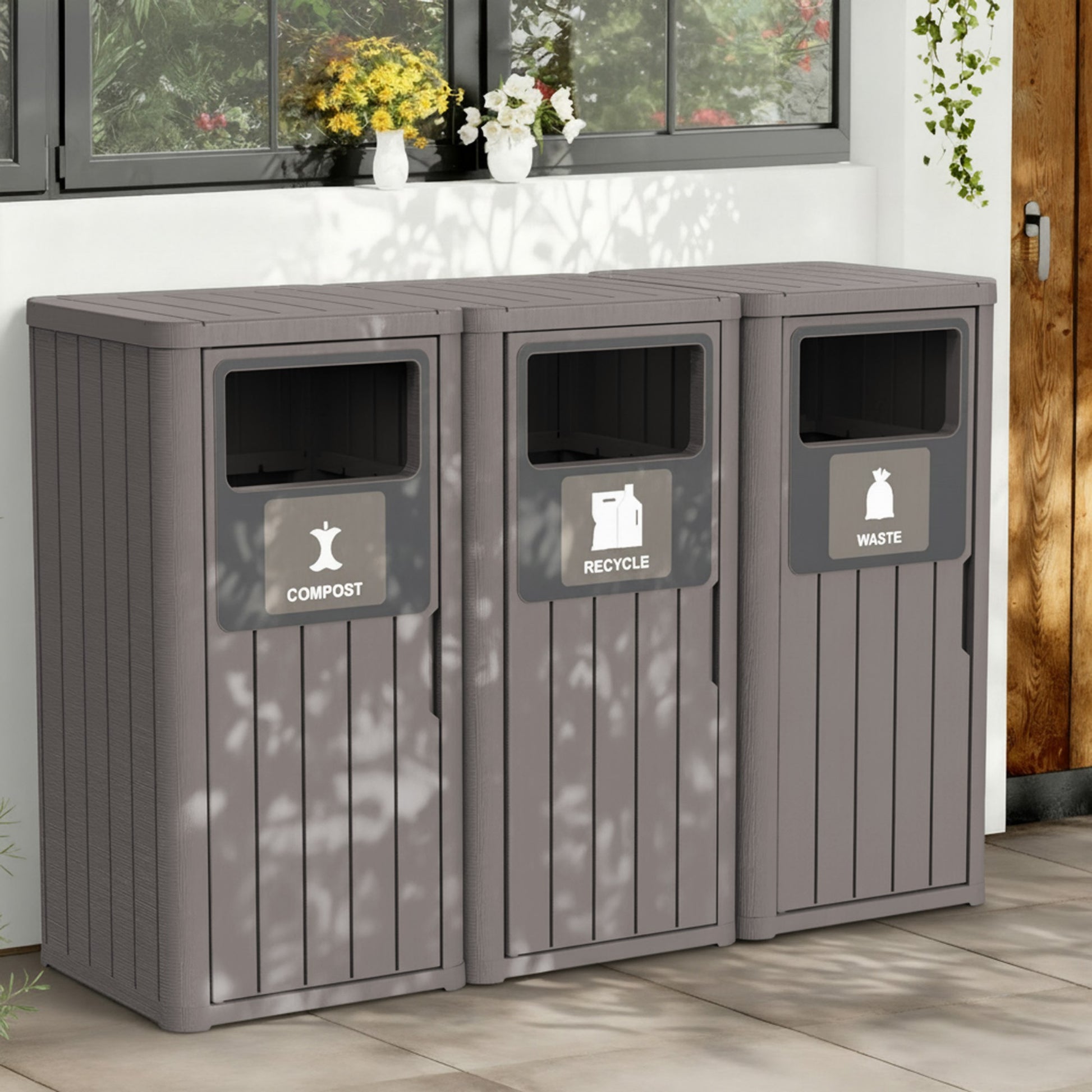 63 Gallon Outdoor Trash Bin, Resin Manual Lift Garbage & Recycling Storage Deck Box with Lid Triple-Bucket