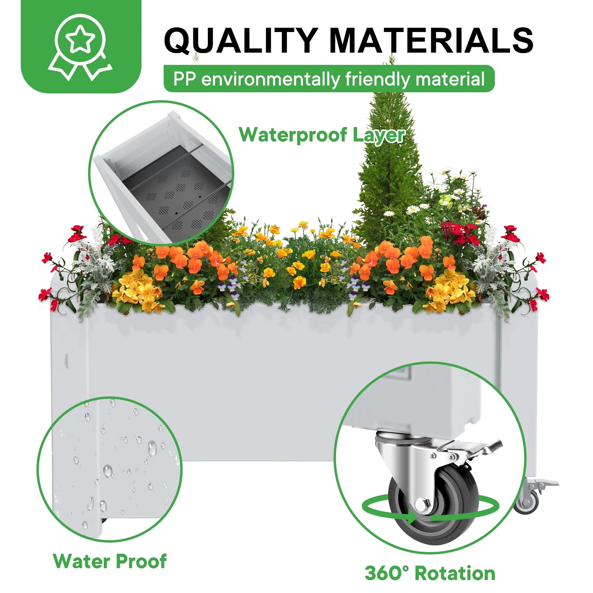 Raised Garden Bed with Wheels, Weatherproof Resin Planter Box with Drain Hole & Water Level for Vegetables