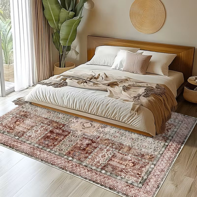 Vintage Floral Washable Area Rug, Non-Slip Low Pile Polyester Carpet for Living Room & Bedroom