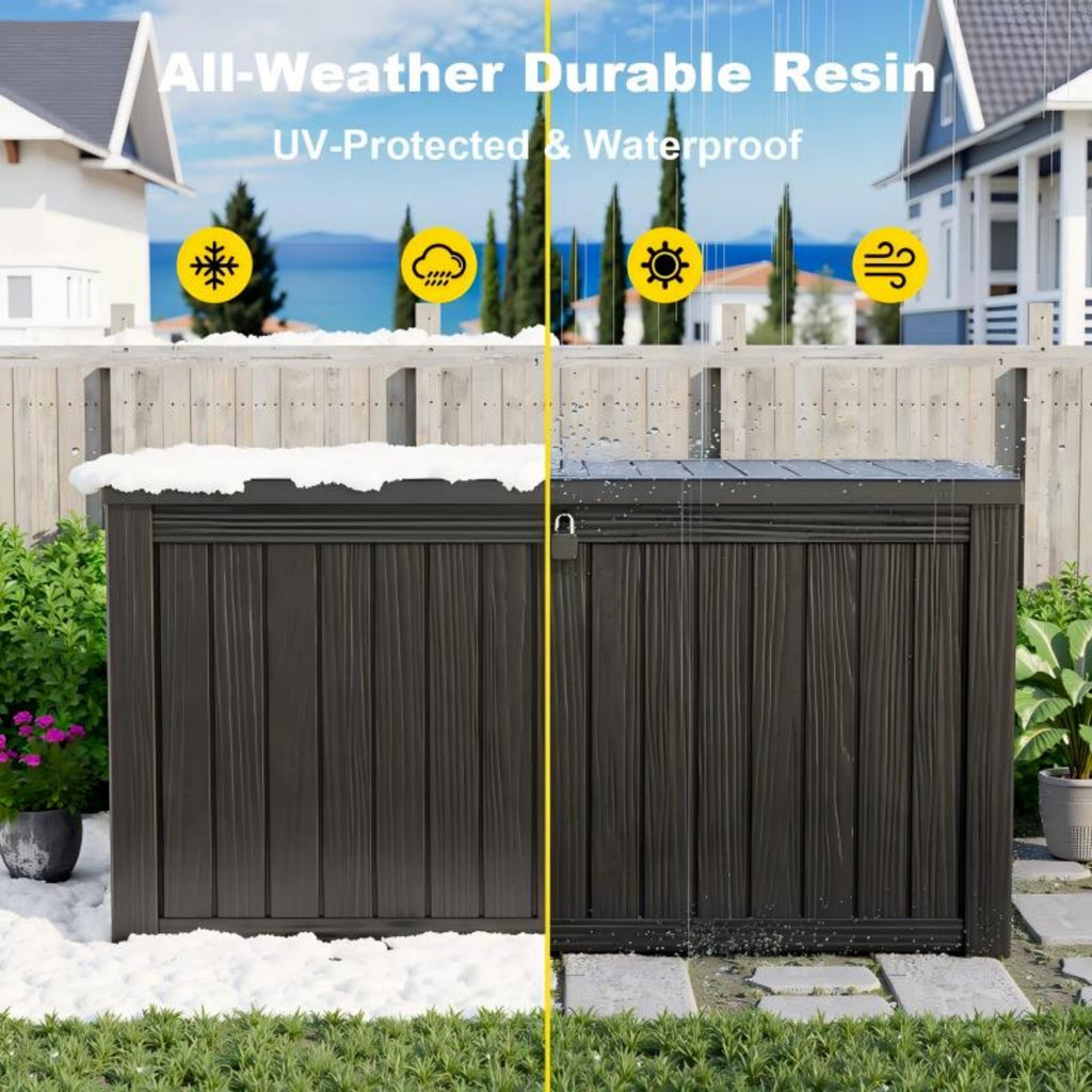 150 Gallon Resin Deck Box, Water-Resistant Lockable Outdoor Storage Box for Patio Organization