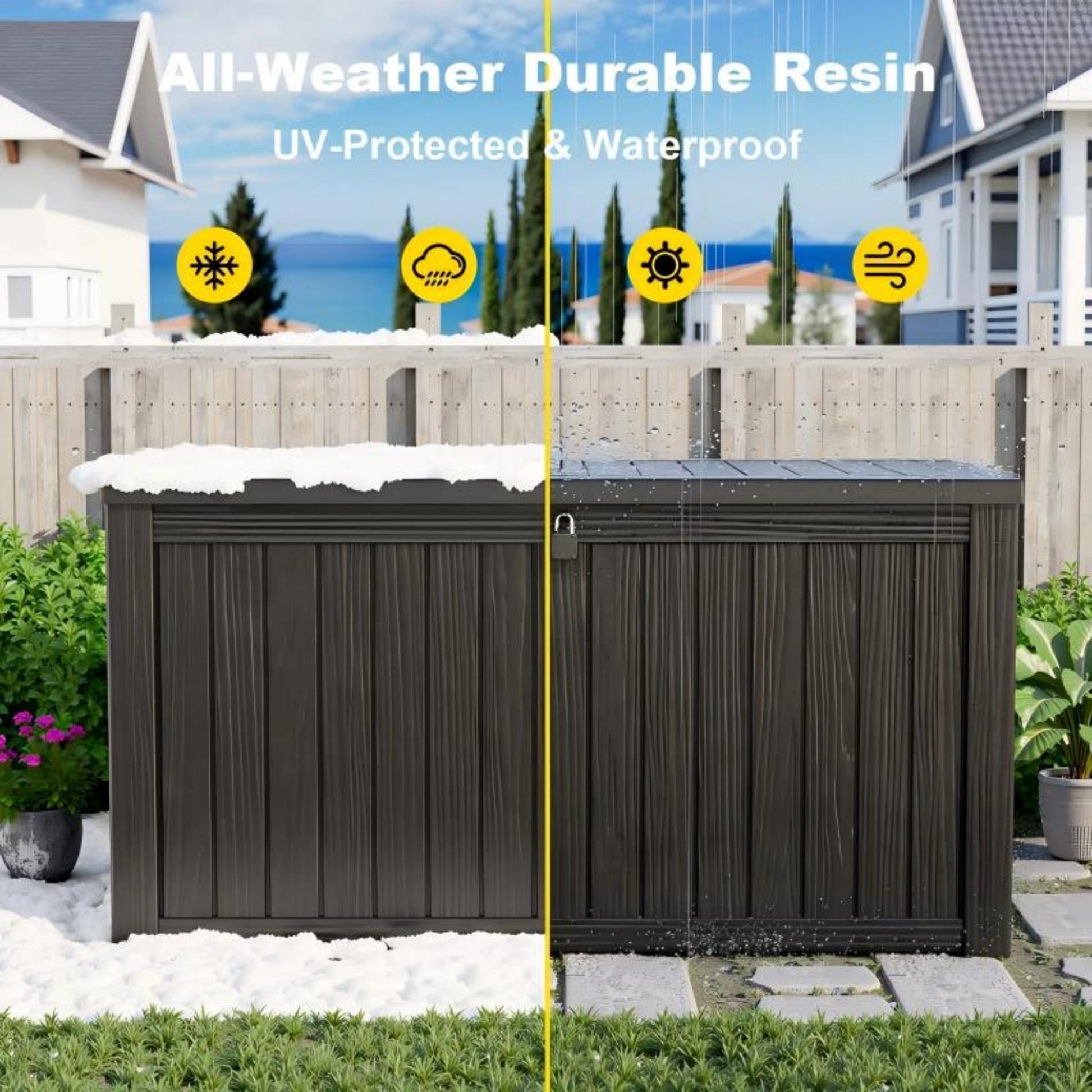 150 Gallon Resin Deck Box, Water-Resistant Lockable Outdoor Storage Box for Patio Organization