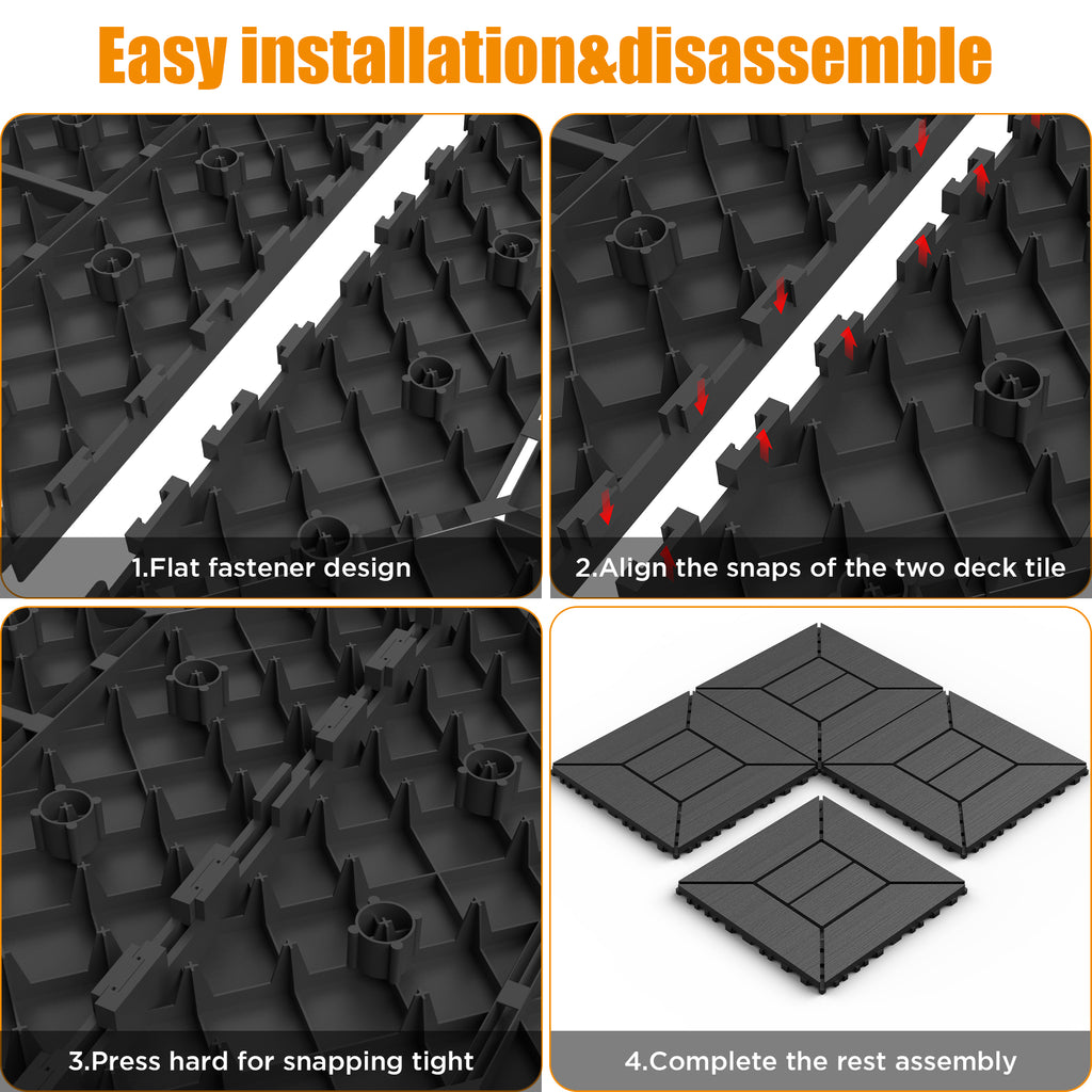 Chic Crate 44 Pack 12'' Interlocking Plastic Deck Tiles – Dark Gray, Waterproof