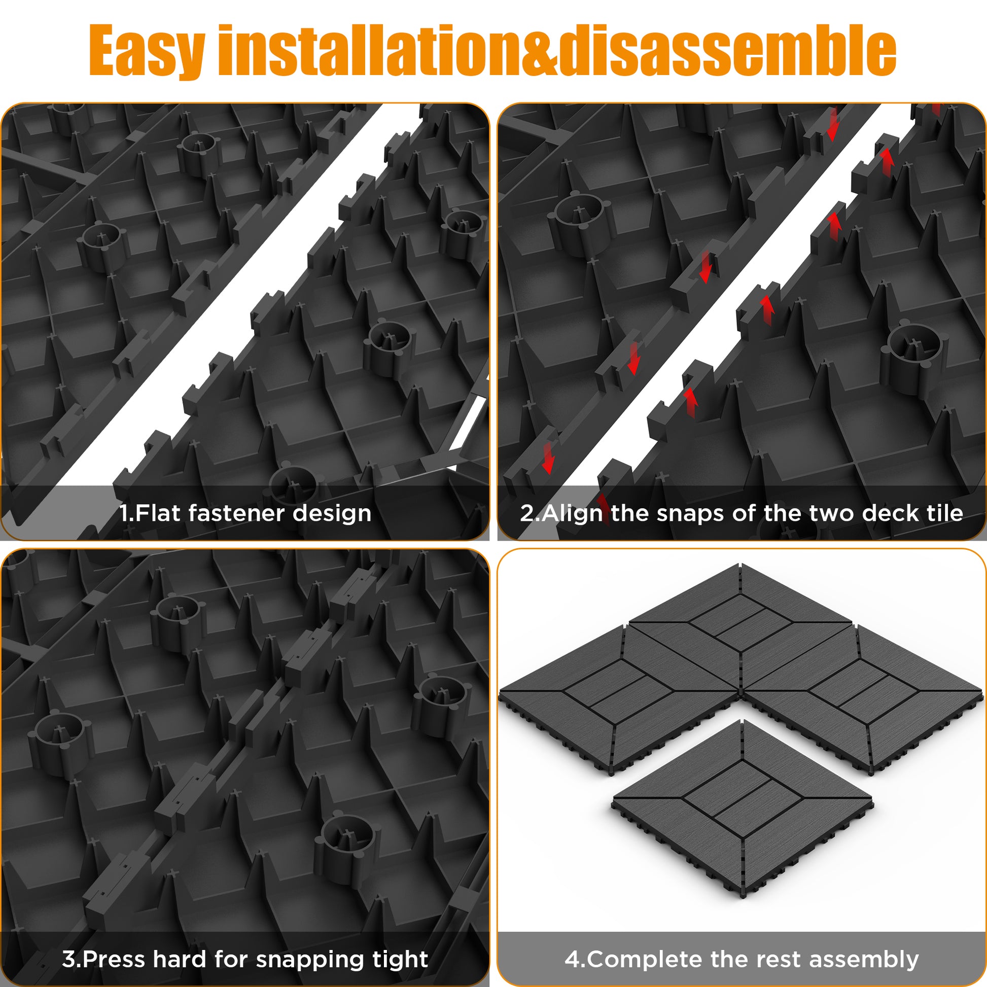 Chic Crate 44 Pack 12'' Interlocking Plastic Deck Tiles – Dark Gray, Waterproof