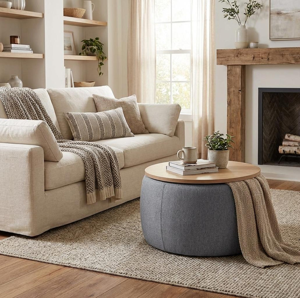 Round Storage Table, 2-in-1 Multi-Function as End Table & Ottoman, 25.5"x25.5"x14.5", Modern End Table for Living Room & Bedroom Office Dark Grey