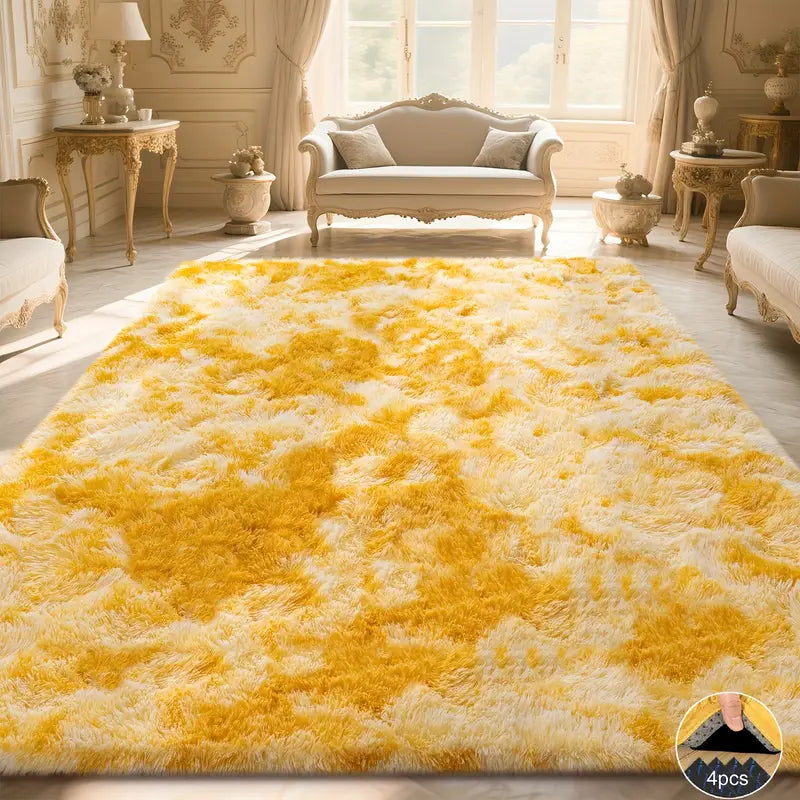 Tie-Dyed Yellow Area Rug with 4 Reusable Stickers, Soft Shaggy Non-Slip Mat for Home Decor