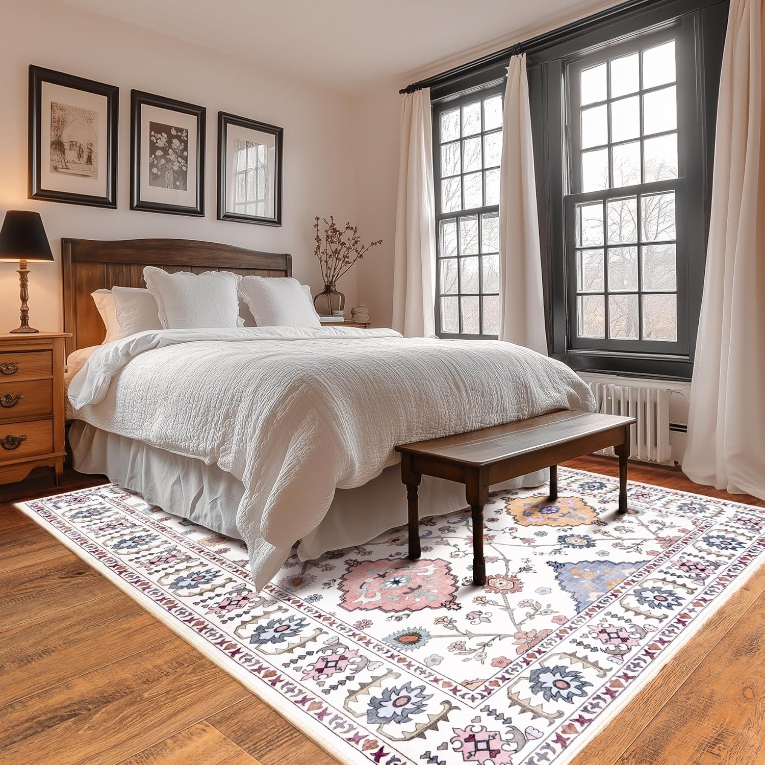 Washable Area Rug, Non-Slip Vintage Floral Carpet for Living Room Bedroom, Kitchen Dining Room Home Decor