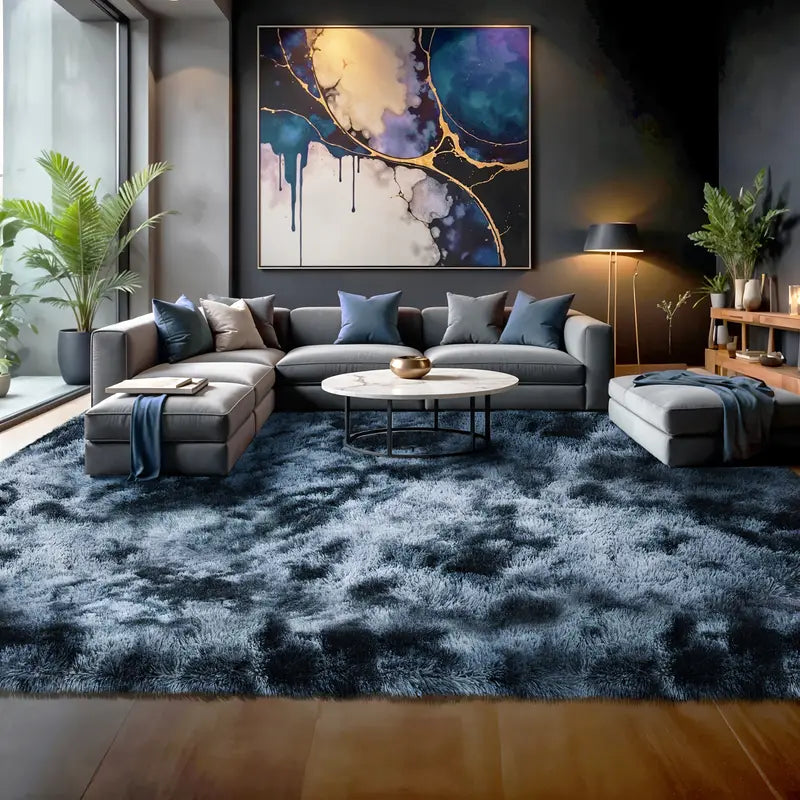 Tie-Dyed Blue Gray Shag Rug, Ultra Soft 1.7" Thick, Non-Slip Backing, 100% Polyester, Multi Sizes