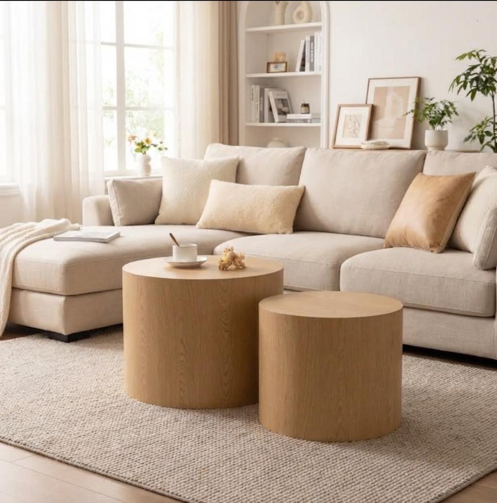 Nesting Coffee Table Set of 2, Round Wooden Modern Design, Space-Saving Accent End Side Tables for Small Living Room, Bedroom Office - Natural