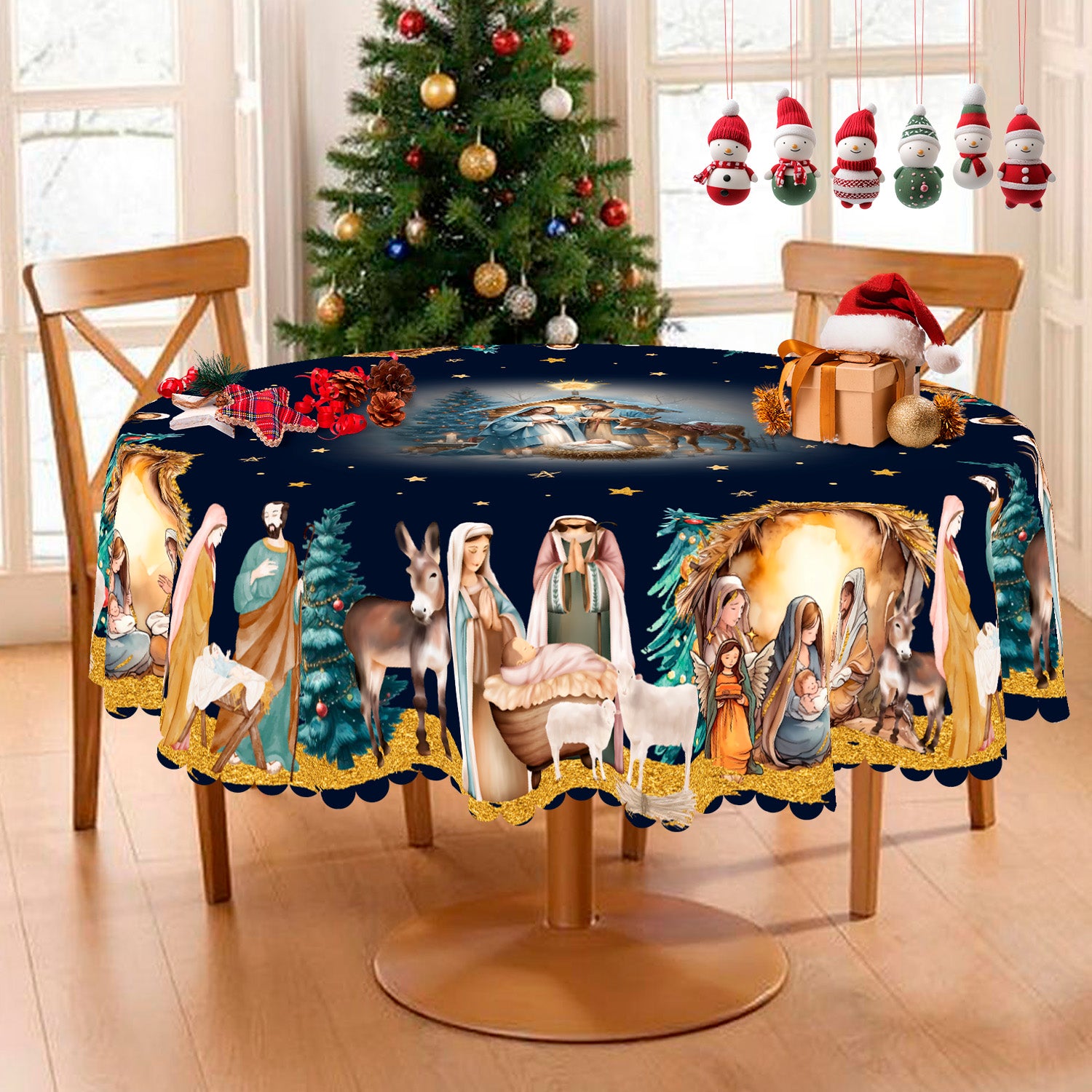 Christmas Tablecloth, Santa Claus and Christmas tree Stain-Resistant Table Cover for Dining Table Holiday Decor
