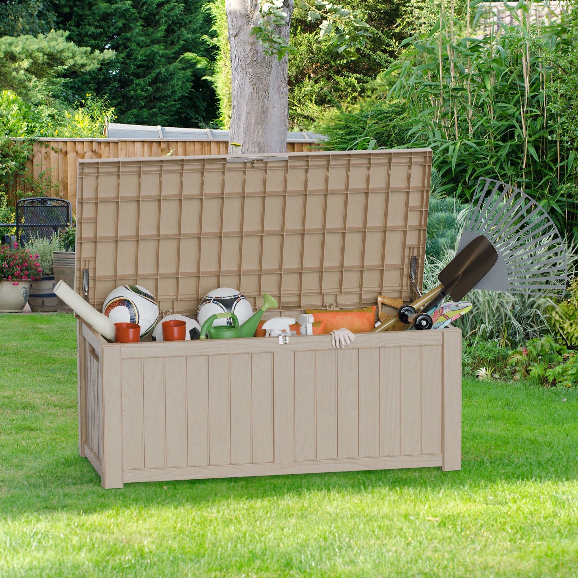 120 Gallon Outdoor Deck Box, Water-Resistant Resin Storage Box with Lockable Lid for Patio