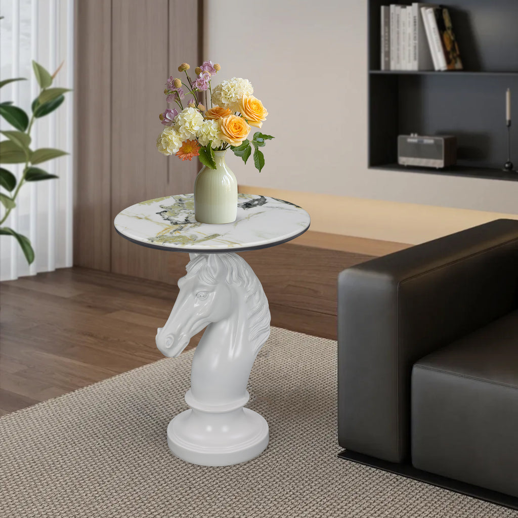 White Horse Head Accent Table, Animal Statue End Table for Living Room