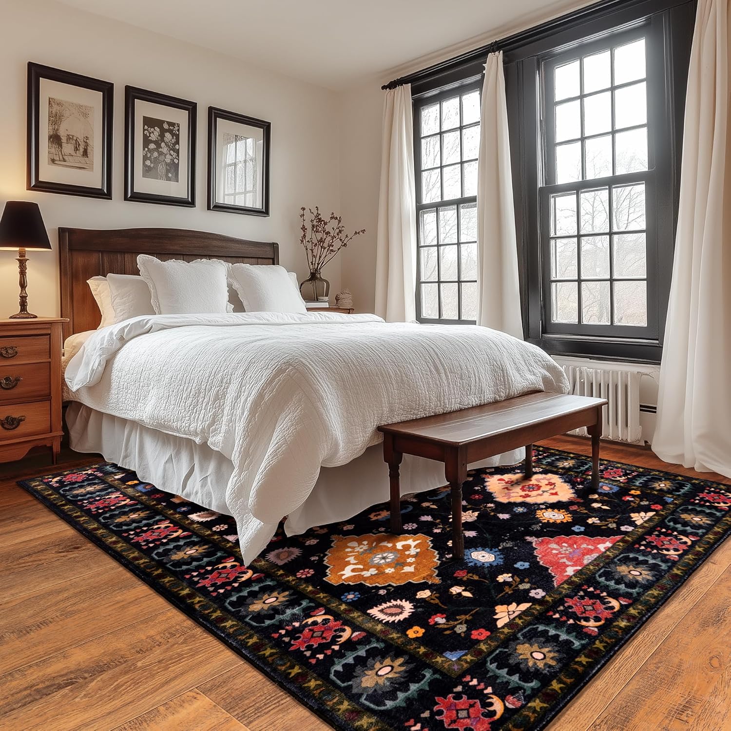 Washable Area Rug, Non-Slip Vintage Floral Carpet for Living Room Bedroom, Kitchen Dining Room Home Decor