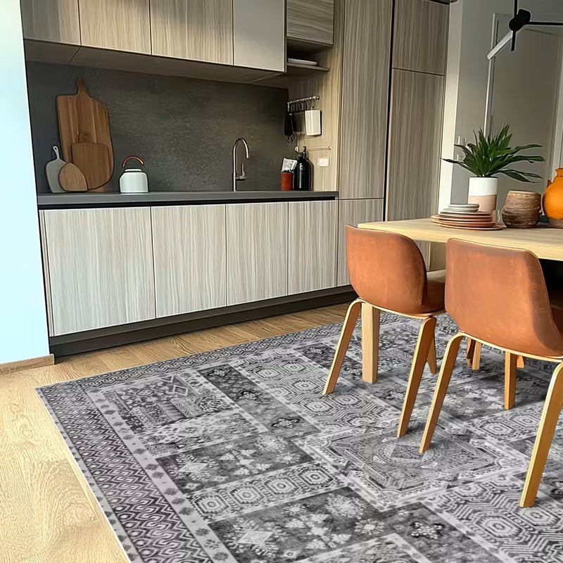 Grey Vintage Area Rug, Washable Non-Slip Boho Carpet for Living Room, Bedroom, Kitchen, Office