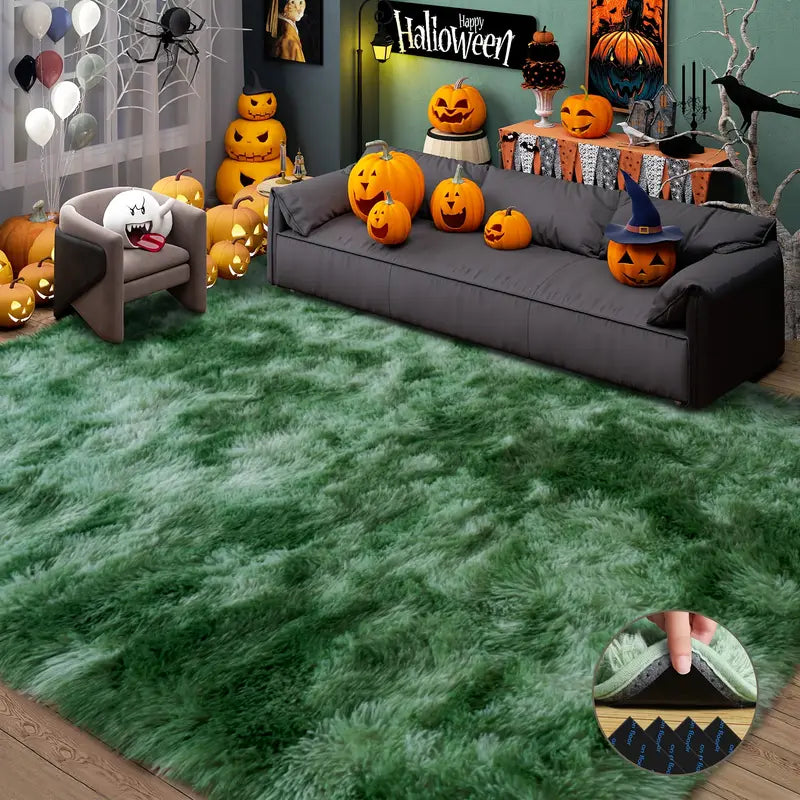 Tie-Dyed Green Fluffy Area Rug, Ultra Soft Non-Slip Mat with 4 Stickers, Multiple Sizes for Home Decor