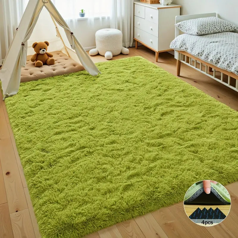 Grass Green Fluffy Shag Area Rug with Non-Slip Base & 4 Reusable Stickers, Soft Plush Mat
