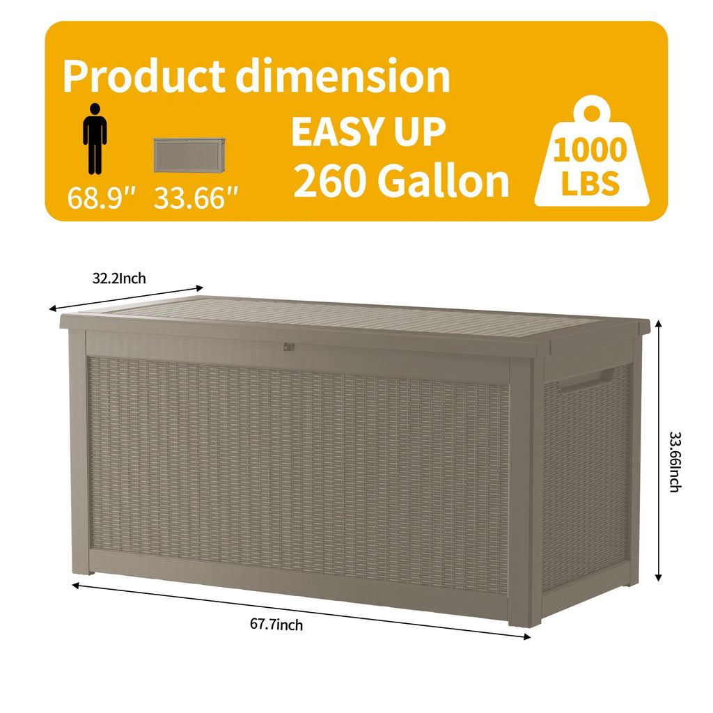 260 Gallon Resin Deck Box, Water-Resistant Lockable Outdoor Storage Box for Patio Organization