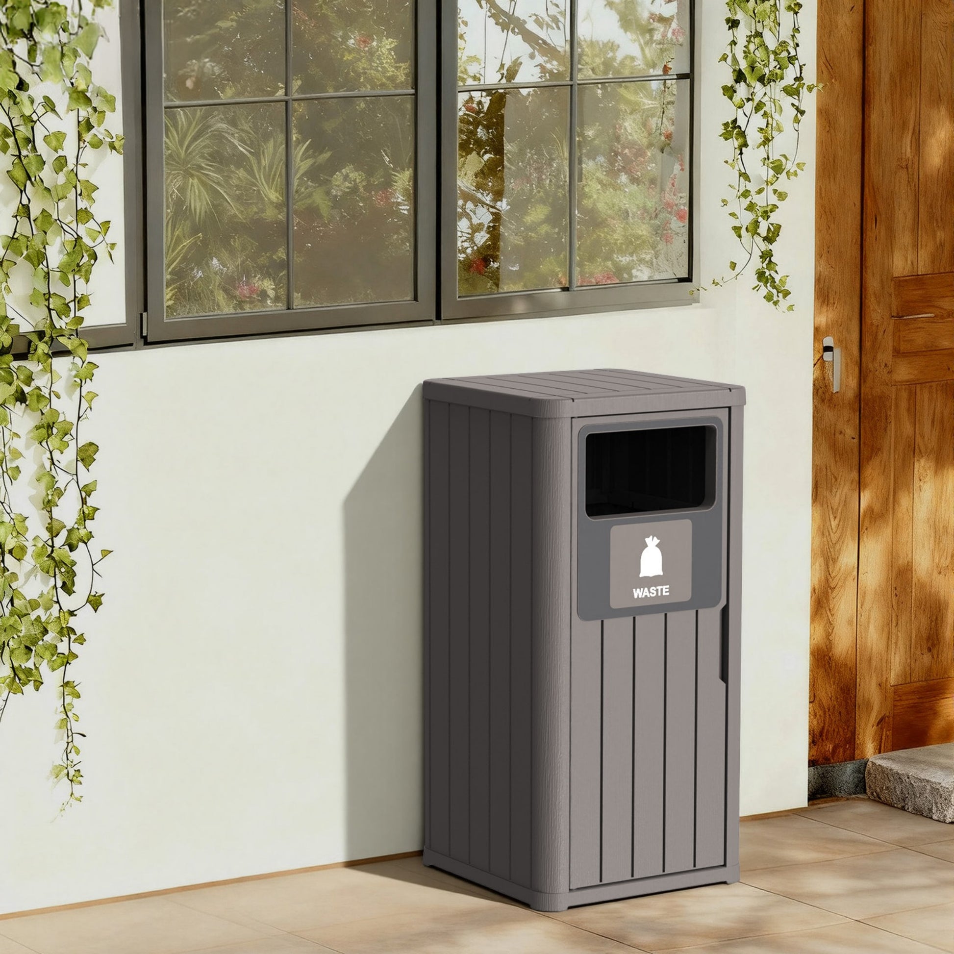 21 Gallon Outdoor Trash Bin, Resin Manual Lift Garbage & Recycling Storage Deck Box with Lid