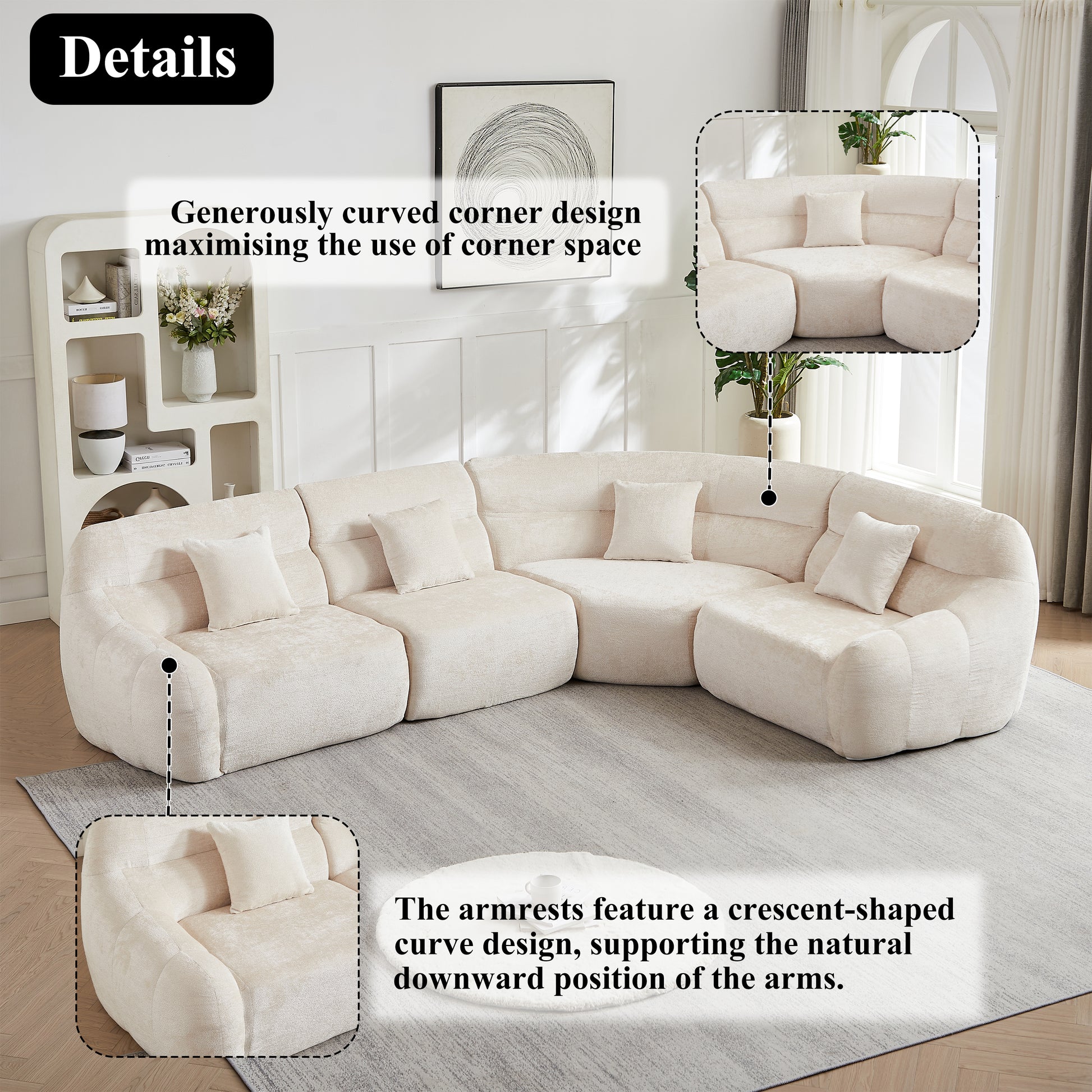 Curved Corner Sectional Sofa, Chenille Modular Cloud Sofa, High-Back 4-Seater Couch, No Assembly