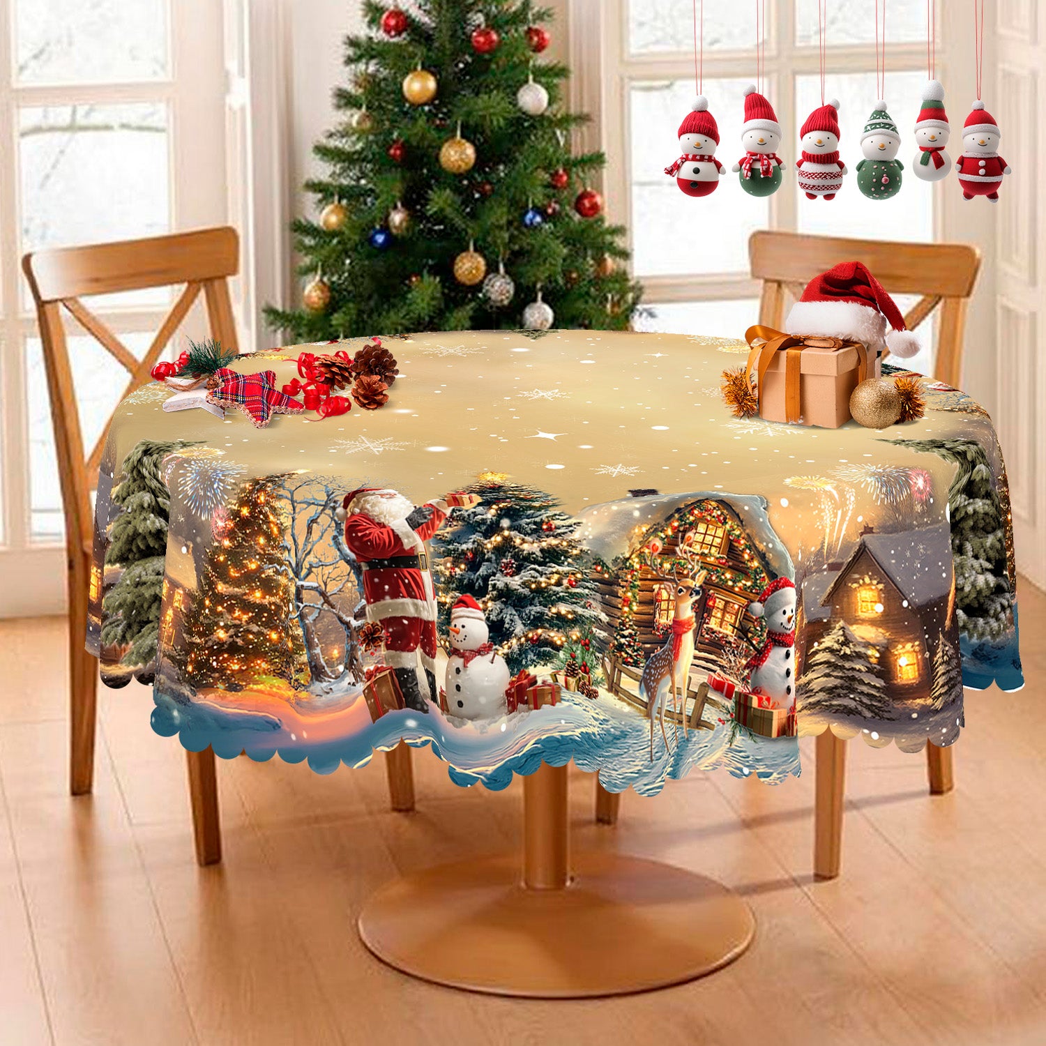 Christmas Tablecloth with Santa, Reindeer and Snowman Designs, Dustproof Dining Table Cover for Festive Holiday Decor